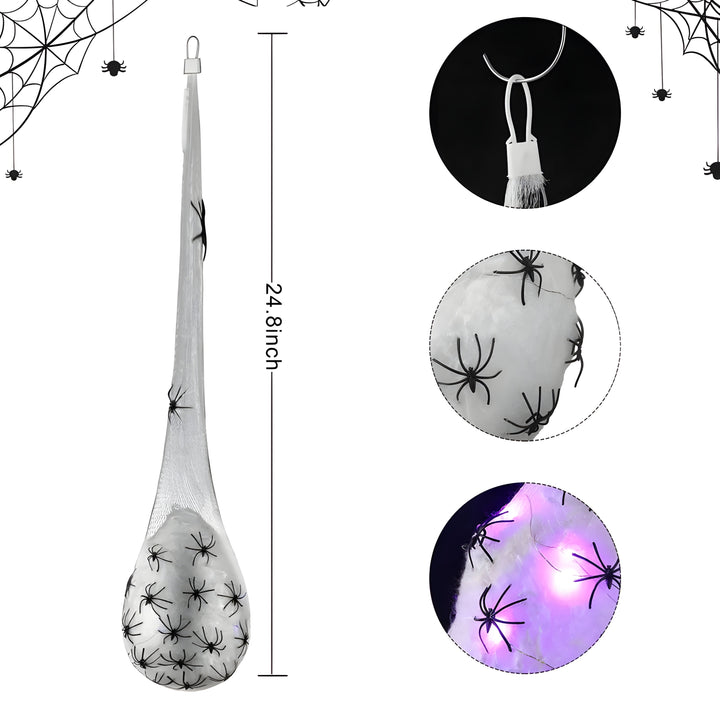 Hängende Spinnennetz-Ei-Deko in Lila & Warmweiß für Halloween. Ideale beleuchtete Dekoration für Innenbereiche.