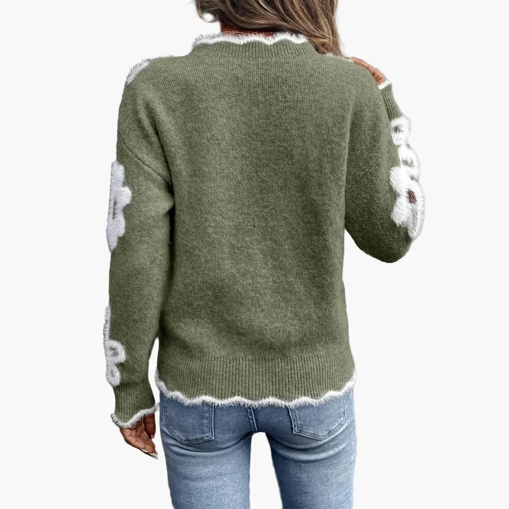 Gemütlicher Damen Strickpullover mit Blumenmuster und V-Ausschnitt. Ideal für Herbst- & Wintermode.