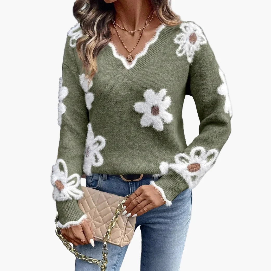 Damen Strickpullover mit floralem V-Ausschnitt für eleganten Freizeit-Look.