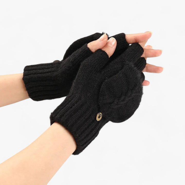 Dunkelrosa Damen Winterhandschuhe, dicke Strickhandschuhe, faltbar für Fingerzugang bei Kälte.