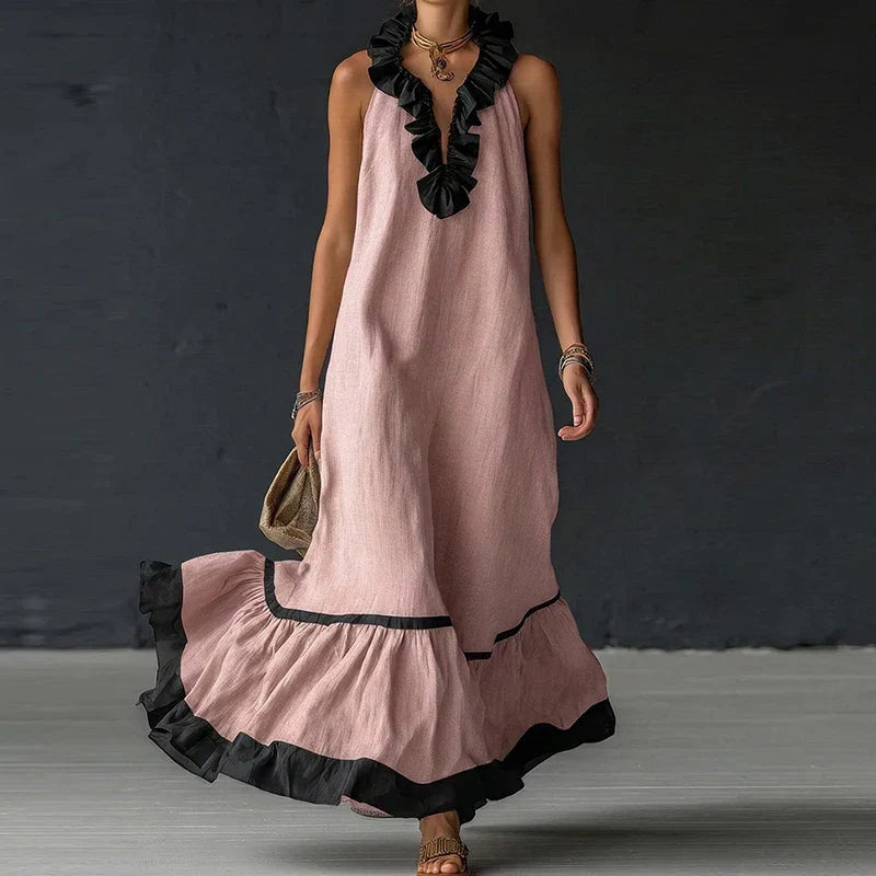 Elegantes, ärmelloses Damen Maxikleid mit V-Ausschnitt und Rüschen, perfekt für Sommerabende und besondere Anlässe.