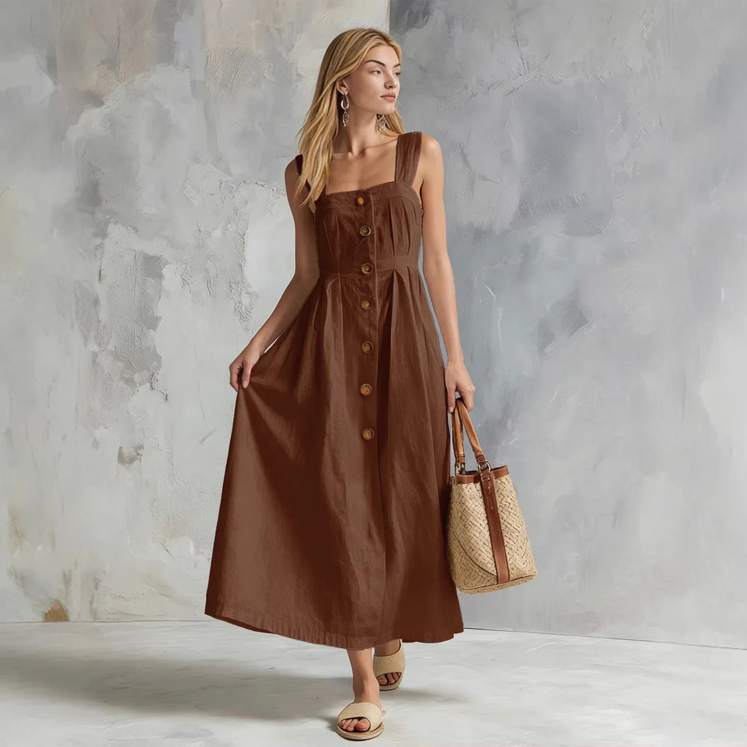 Elegantes Damen Sommer Maxikleid mit Knopfleiste, A-Linie Schnitt, ideal als Freizeit- oder Urlaubskleid.
