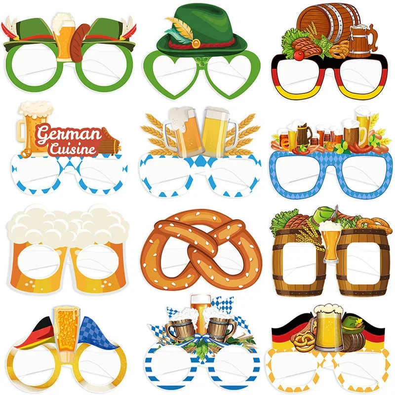 Oktoberfest Fotobrillen Set mit 12 Gaudigläsern: Brezel, Bierkrug & Hut. Perfekte Partyaccessoires für Spaß.