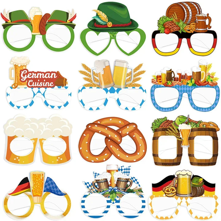 Oktoberfest Fotobrillen Set mit 12 Gaudigläsern: Brezel, Bierkrug & Hut. Perfekte Partyaccessoires für Spaß.