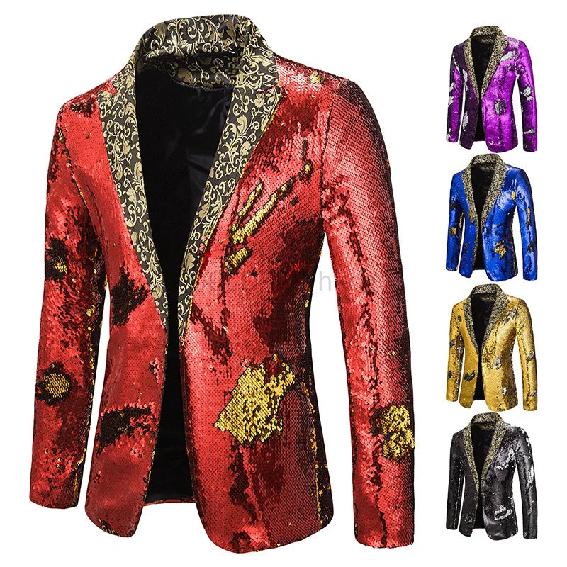 Funkelndes Herren Pailletten Sakko für glamourösen Auftritt. Perfekter Party- & Bühnen-Blazer.