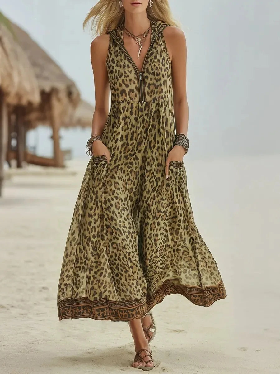 Bequemes, fließendes Damen Leoparden Maxikleid mit V-Ausschnitt. Luftiges Sommerkleid für entspannte Tage.