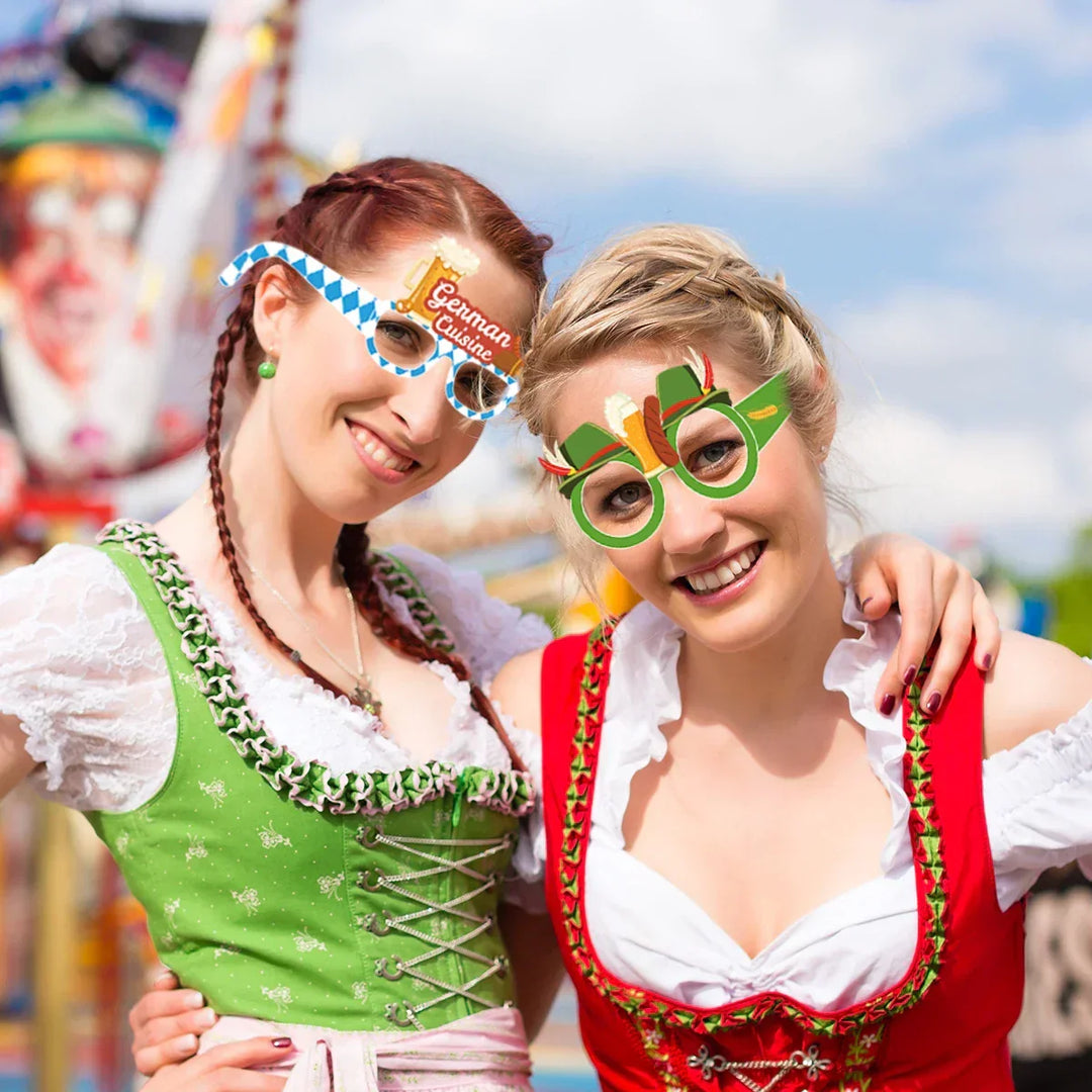 12 bunte Oktoberfest Fotobrillen für Partyspaß. Ideale Requisiten & Verkleidung für Ihre Feier.