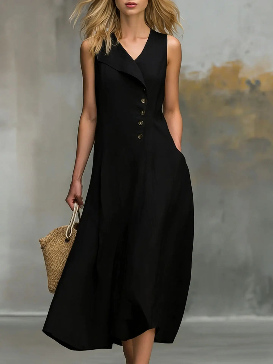 Stilvolles ärmelloses Damenkleid als Maxikleid mit Knopfleiste, ideal für elegante Anlässe.