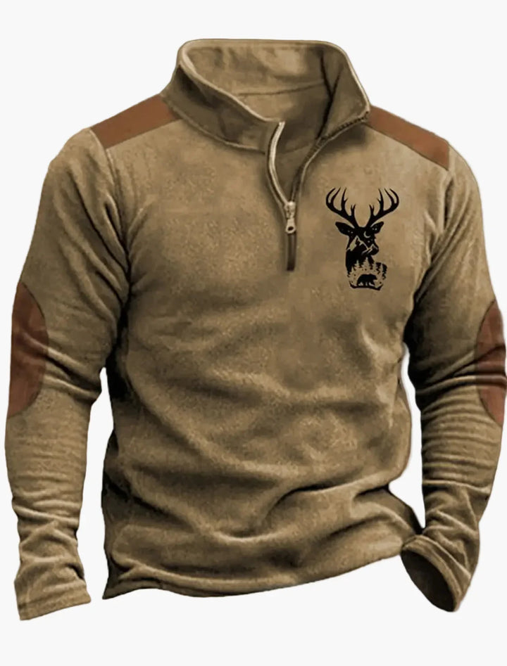 Robuster Half-Zip Herren Pullover mit Hirschmotiv, perfekt für aktive Männer und die Natur.