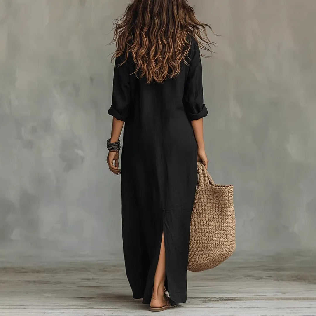 Elegantes Damen Freizeitkleid, knöchellang, mit stylischem Umlegekragen und langen Ärmeln, lockerer Schnitt.