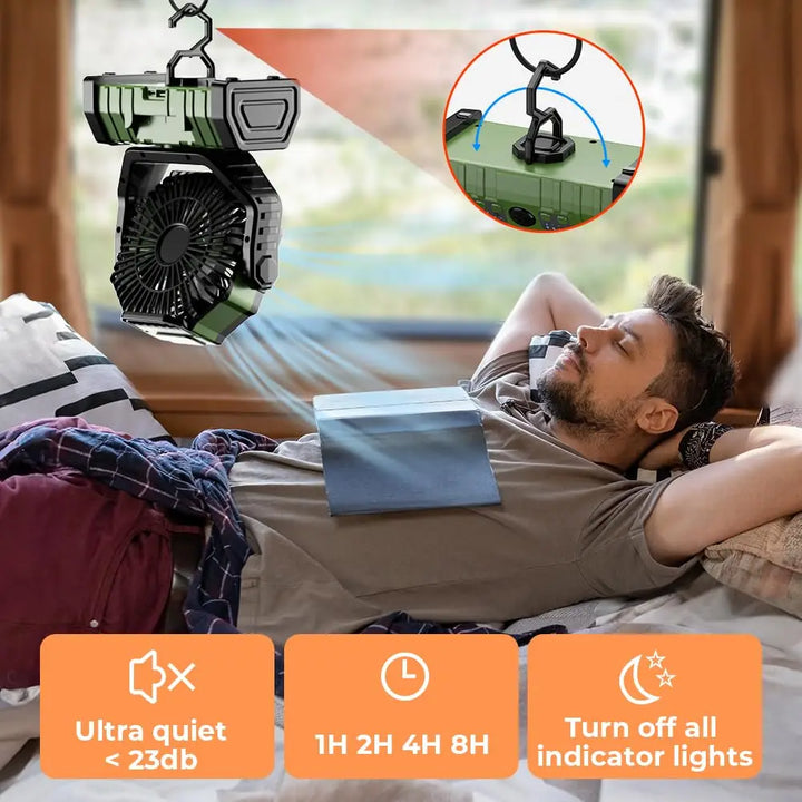Leistungsstarker Akku-Camping-Ventilator mit integriertem LED-Licht und Fernbedienung für Zelten & Reise.
