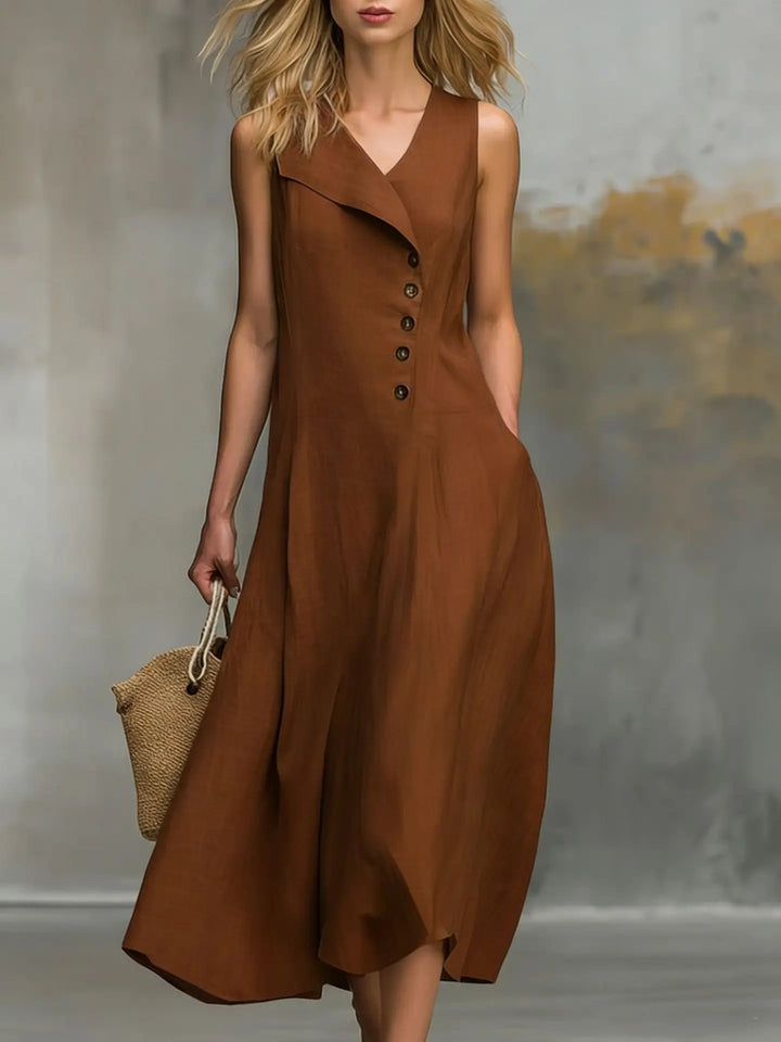 Fließendes Damen Ärmelloses Maxikleid in A-Linie mit eleganter Knopfleiste, ideal für warme Tage.