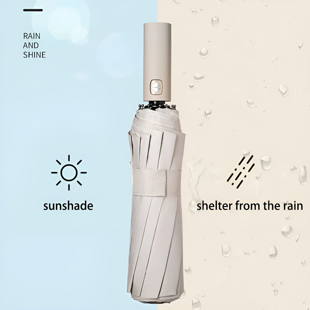 Person hält automatischen Unisex-Regenschirm, bietet UV-Schutz bei Sonne & Regen.