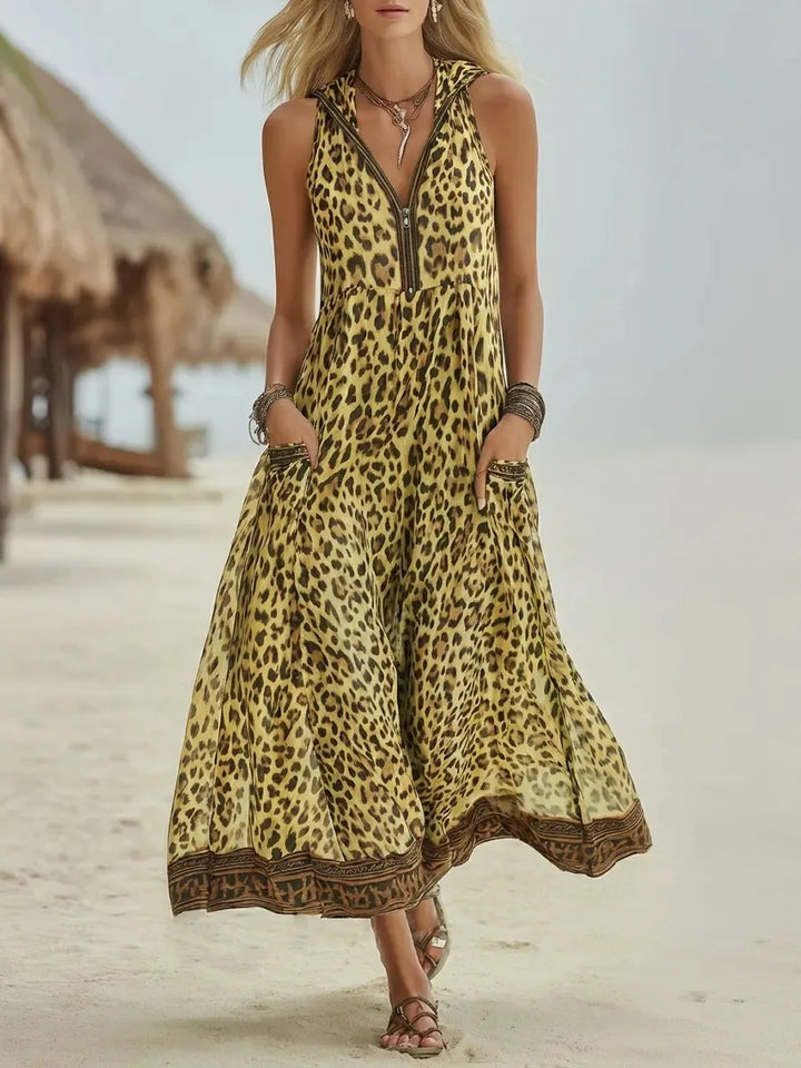 Vielseitiges Damen Leoparden Maxikleid, V-Ausschnitt, ärmellos. Elegant, luftig & bequem als Sommerkleid.