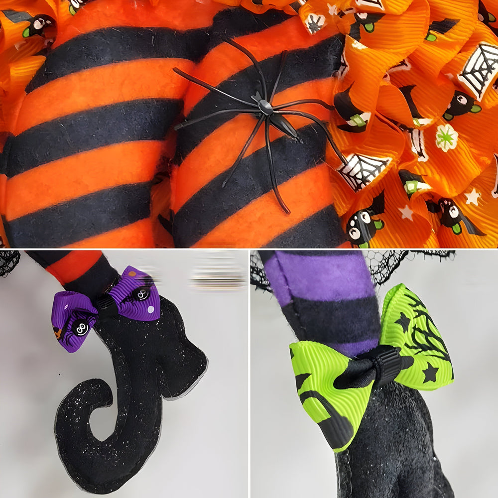 Gruseliger Hexenkranz für Halloween: lila & orange Deko mit hängenden gestreiften Hexenbeinen an der Tür.