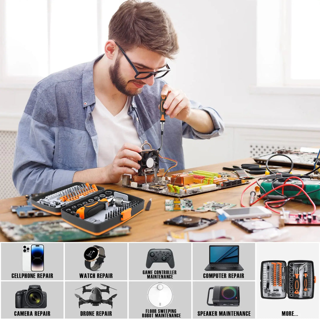 Kompaktes 68-in-1 Reparaturset: Ratschschraubendreher mit Magnetbits für effiziente Schraubarbeiten.