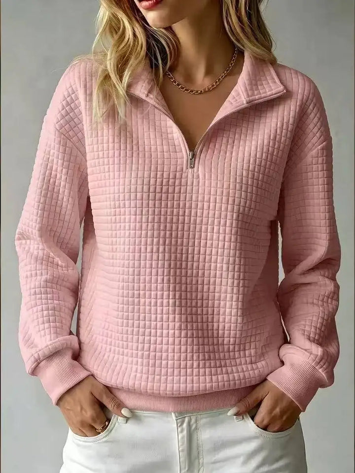 Damen gesteppter Halbzip-Pullover mit elegantem Diamantmuster. Ideal für Freizeit & Herbstmode.