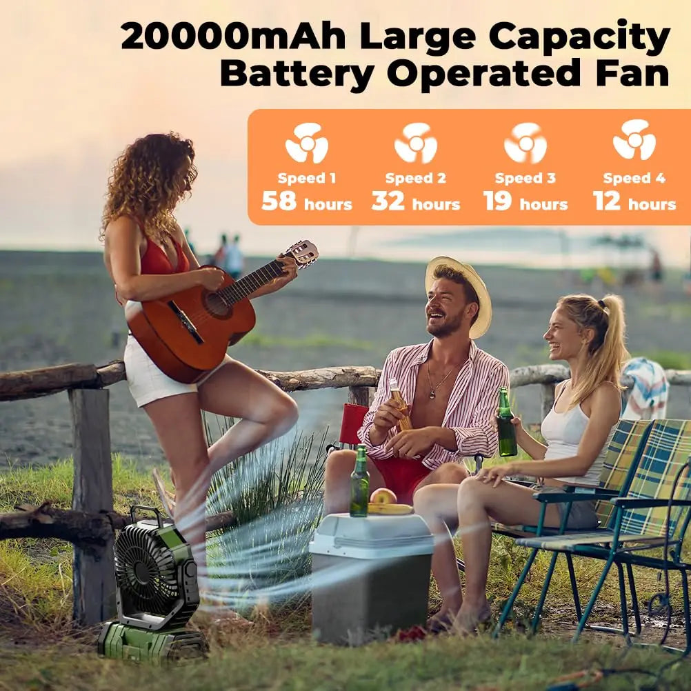 Vielseitiger Camping-Ventilator mit 20.000mAh Akku, LED-Licht, Fernbedienung. Ideal für Outdoor, Reise, Zelten.