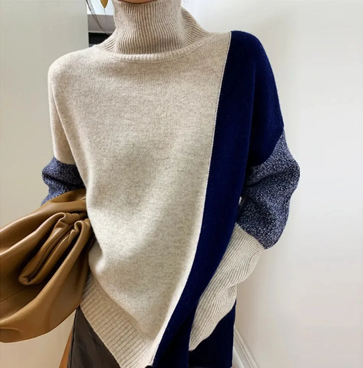 Komfortabler Damen Langarm-Pullover, zweifarbiges Design, schmeichelnde lockere Passform.