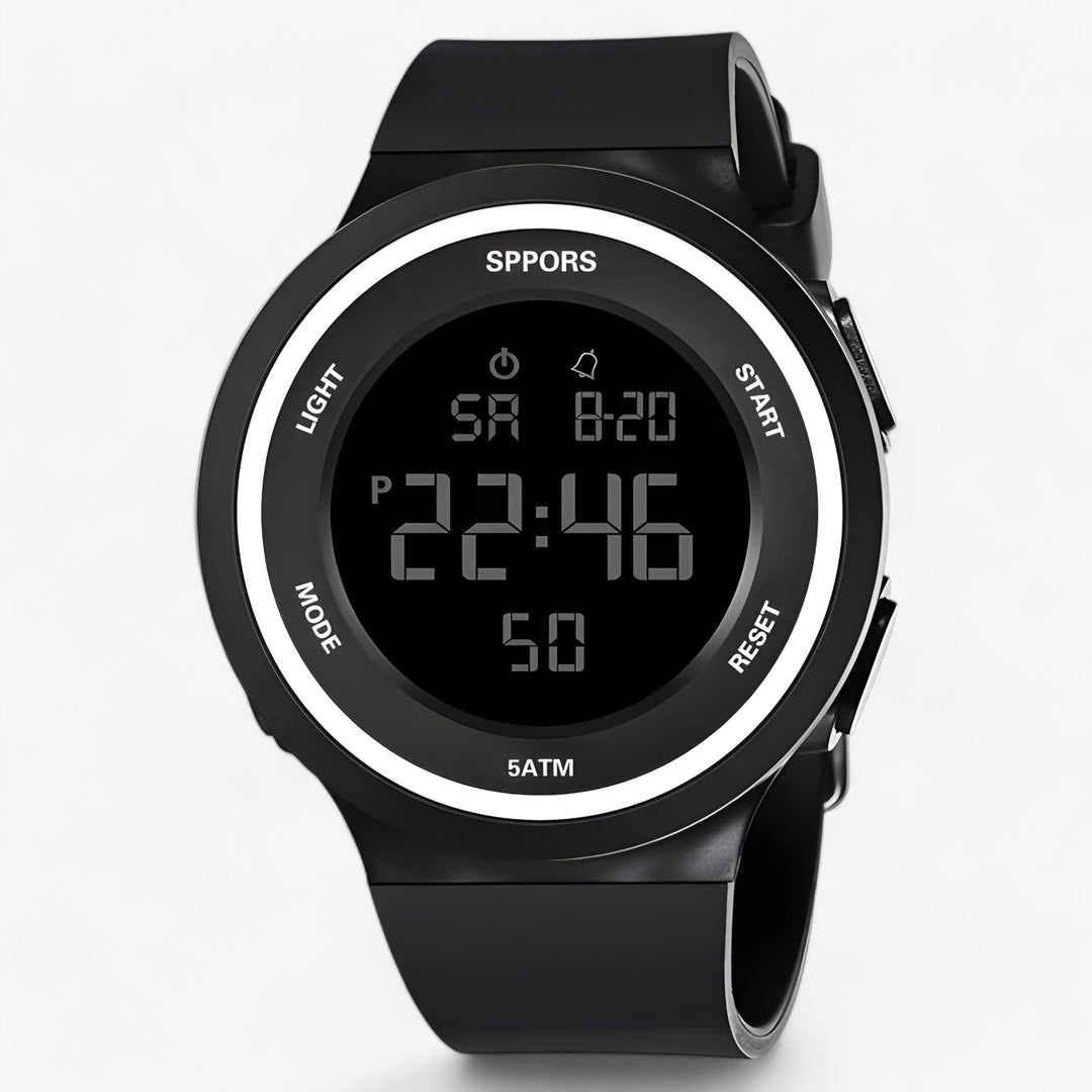Vielseitige schwarze Herren Outdoor-Armbanduhr mit LED-Anzeige; wasserdichte Digitaluhr für Abenteuer & Alltag.