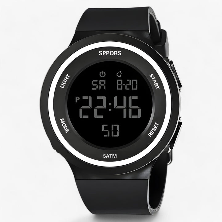 Vielseitige schwarze Herren Outdoor-Armbanduhr mit LED-Anzeige; wasserdichte Digitaluhr für Abenteuer & Alltag.
