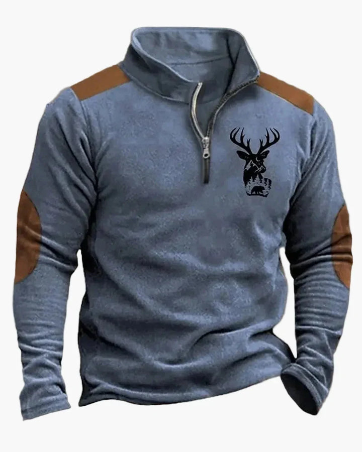 Eleganter Herren Half-Zip Pullover mit Hirschmotiv. Ideal für Winter- und Outdoor-Aktivitäten.