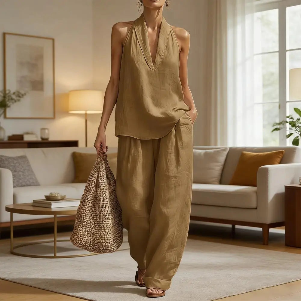 Komfortabler Damen Zweiteiler: Modisches V-Ausschnitt Top und High-Waist Hose für einen stilvollen Freizeit & Sommer Look.