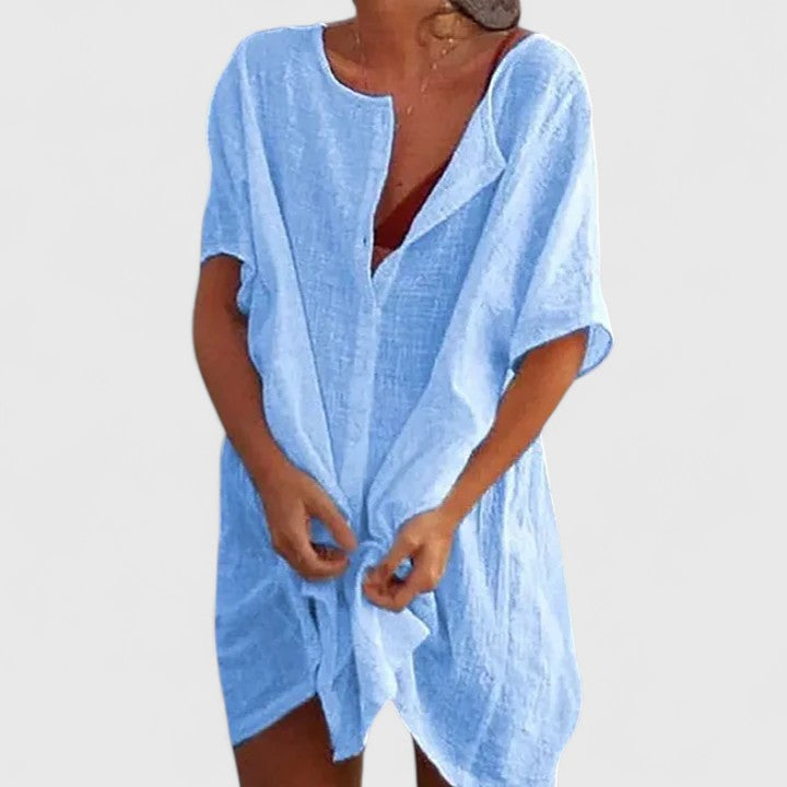 Leichtes, feminines Damenkleid, Tunika-Stil, kurzarm, atmungsaktiv & bequem für den Sommerurlaub.