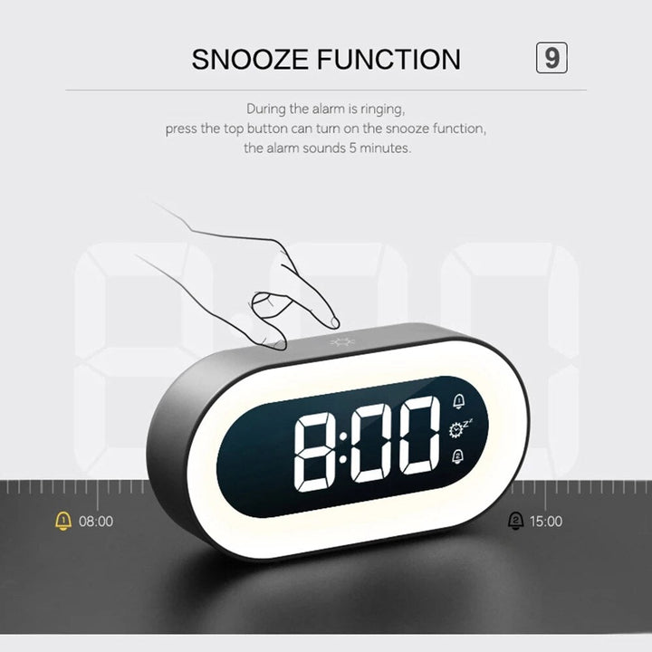 Digitaler Wecker im minimalistischen Design mit sanftem Nachtlicht, ideal für Büro oder Schlafzimmer.