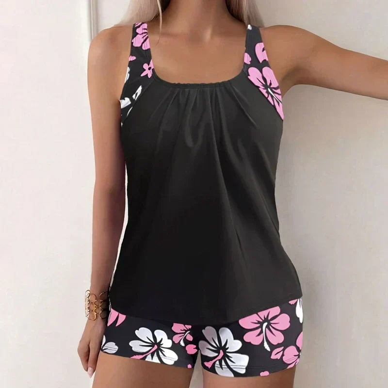 Eleganter Damen Badeanzug Zweiteiler mit Blumen, perfekt für Pool & Urlaub.