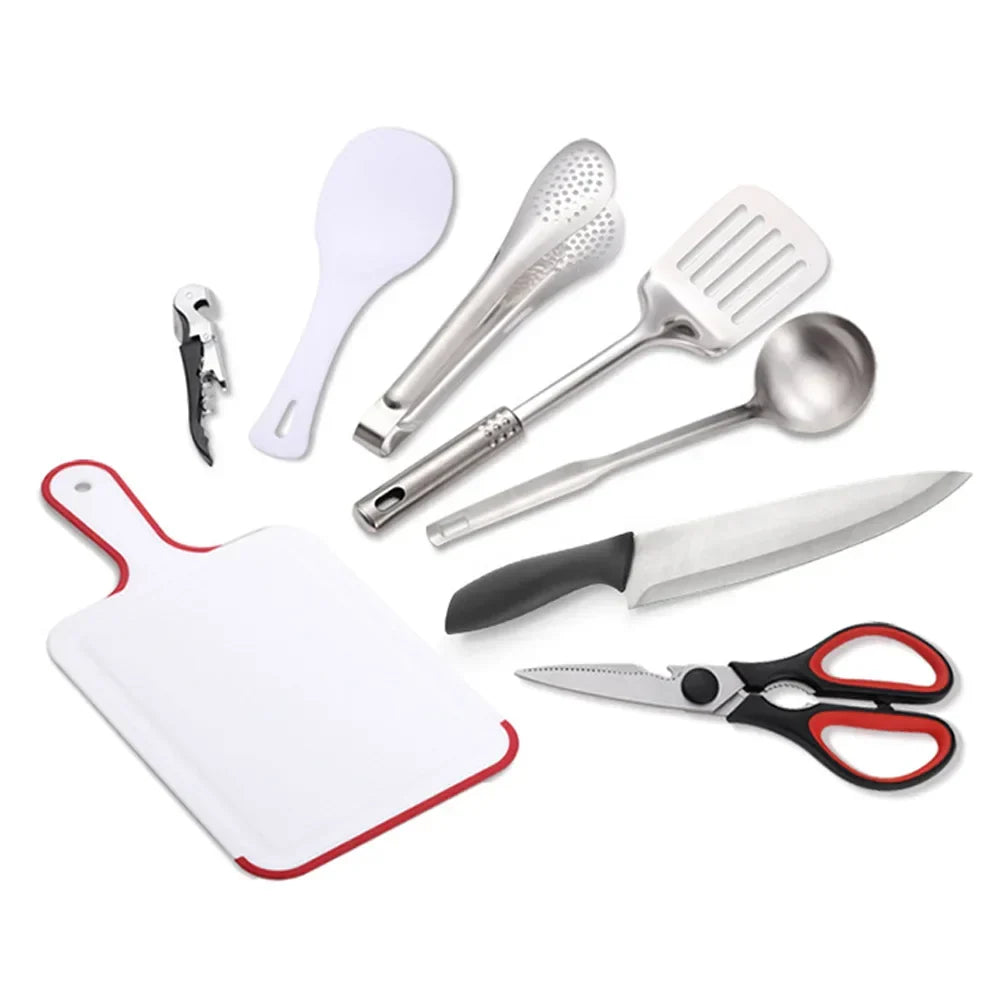 Komplettes Outdoor Kochset 9-teilig aus Edelstahl; tragbar, ideal für Campingküche & Wandern.