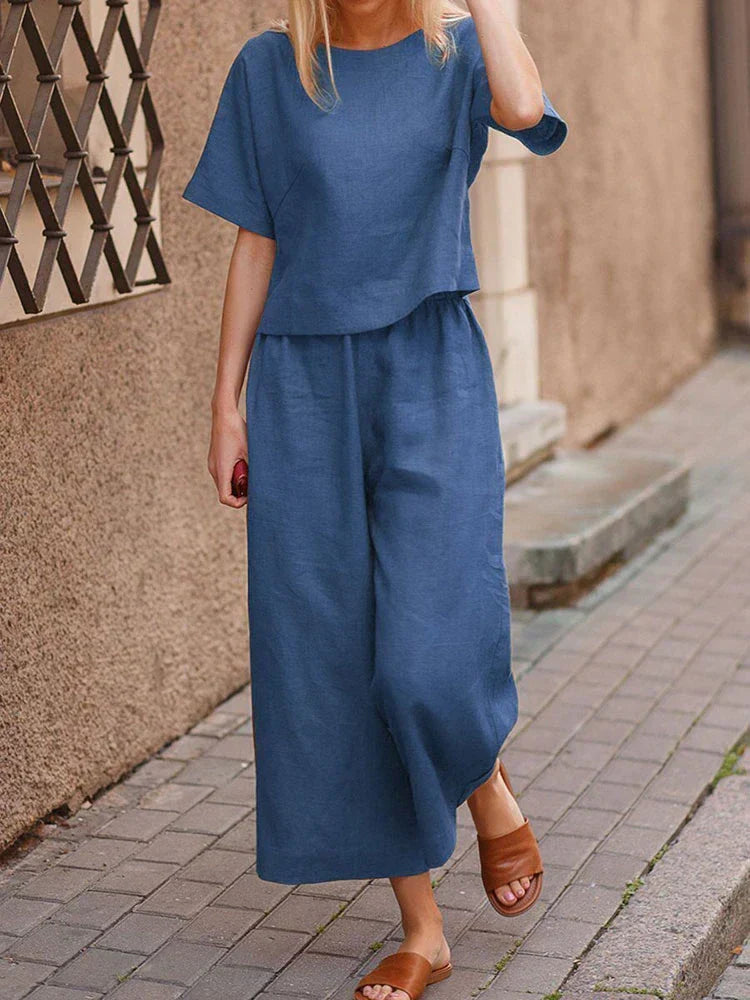 Bequemes Damen Sommer Zweiteiler Set: Kurzarm T-Shirt & weite Hose für entspannte Momente. Ideale Loungewear für Damen.
