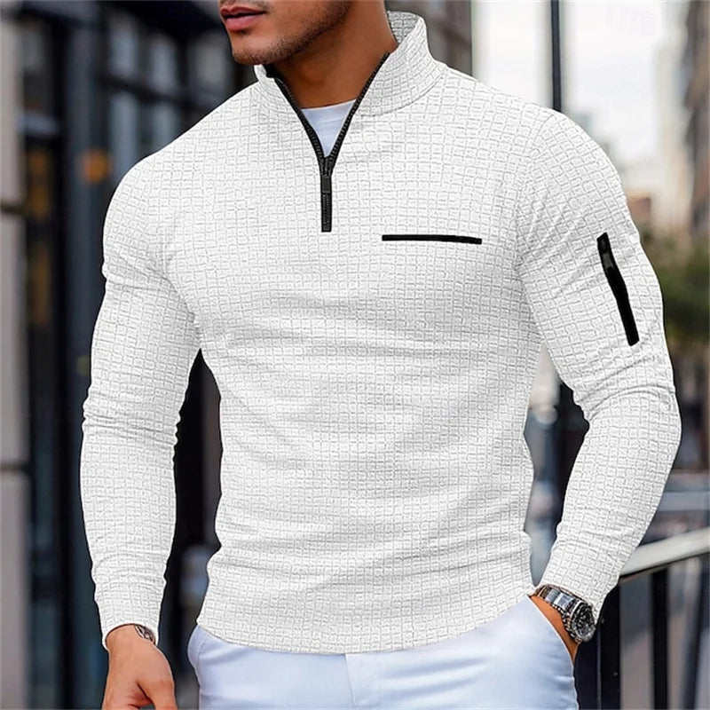 Herren Strukturpullover mit elegantem Stehkragen und praktischem Viertelreissverschluss für Freizeit & Alltag.