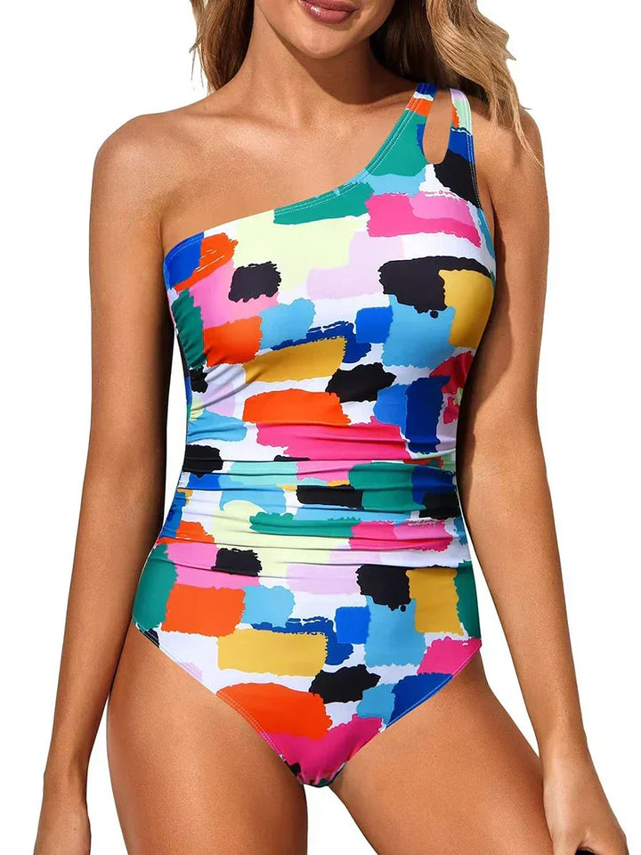Moderner Damen Ein-Schulter-Badeanzug, elegant und stilvoll. Ideal für Schwimmen, Pool, Strand und Urlaub. Figurschmeichelnd.