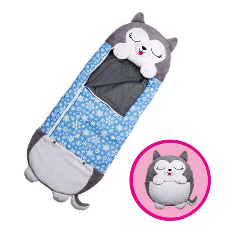Bunter Tier-Kuschelsack für Kinder, faltbar und praktisch für Übernachtungen & Kinderzimmer.