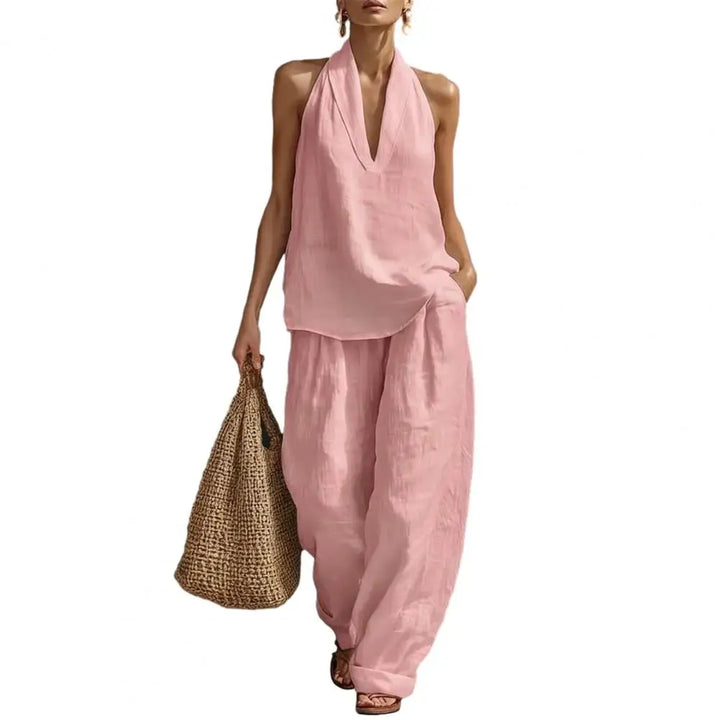 Damen Set für den Sommer: Leichter Zweiteiler mit V-Ausschnitt Top und eleganter High-Waist Hose. Trendy & bürotauglich.