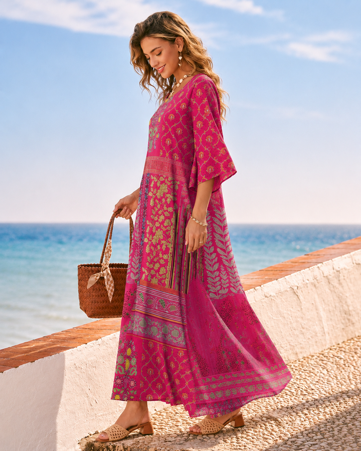 Stylisches Damen Langarm Maxikleid im Boho-Stil mit lebhaftem Muster in Magenta, bequemes Freizeit-Sommerkleid.