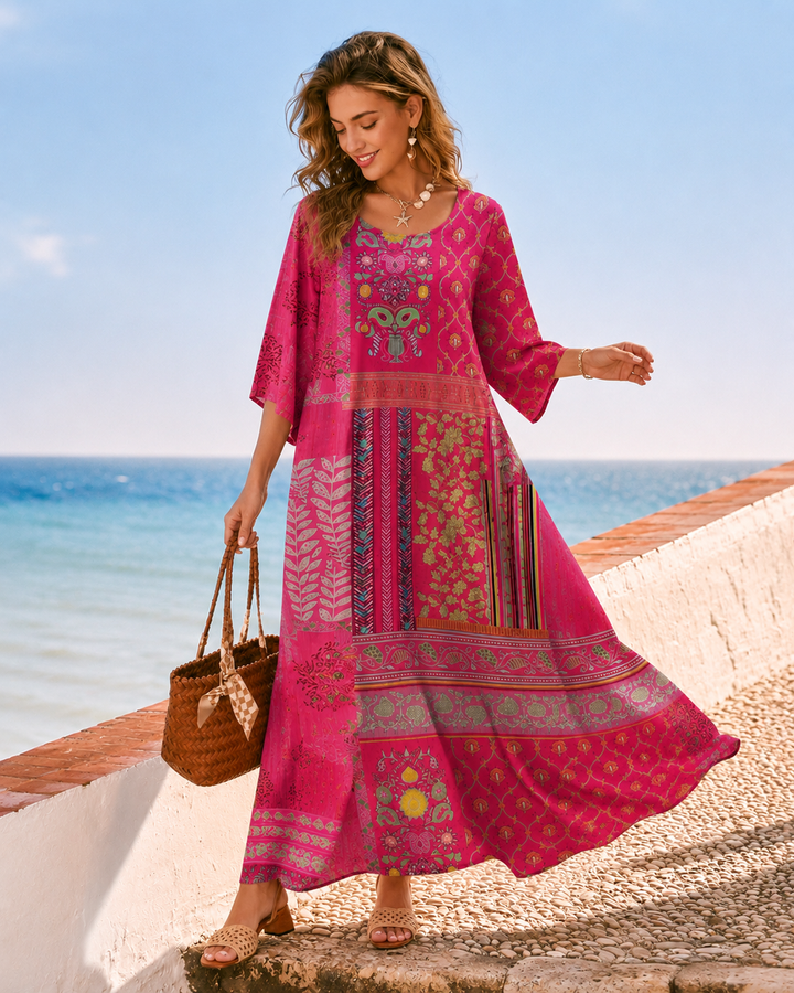 Magenta Damen Boho Maxikleid mit auffälligem Muster, fließendem Stoff & langen Ärmeln; ideales Sommer-Freizeitkleid.