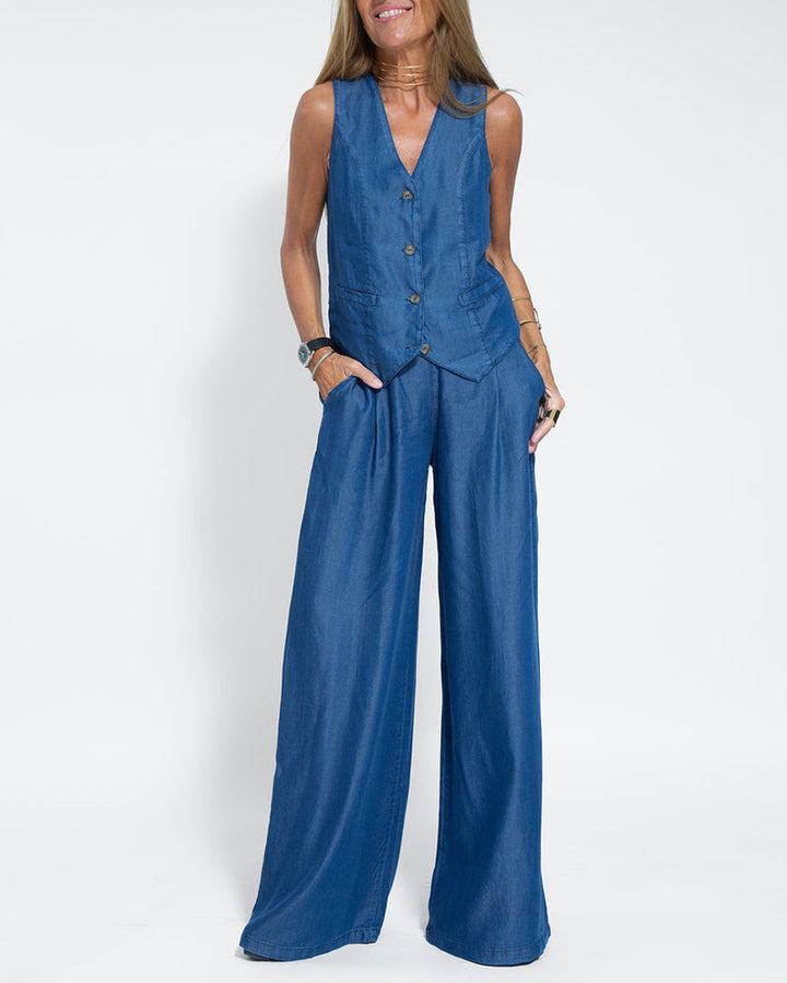 Damen Leinen Zweiteiler: Stylische Weste und weite Hose für einen mühelosen Sommerlook.