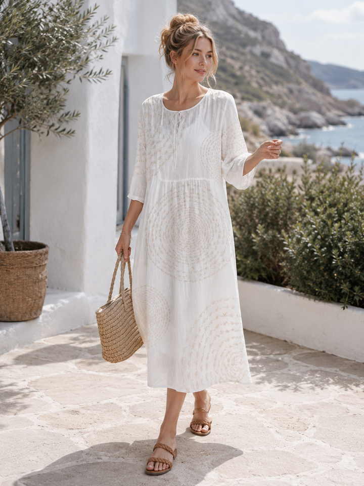 Elegantes, bequemes Damen Freizeitkleid in Midilänge mit Rundhals und Dreiviertelarm für den Alltag.