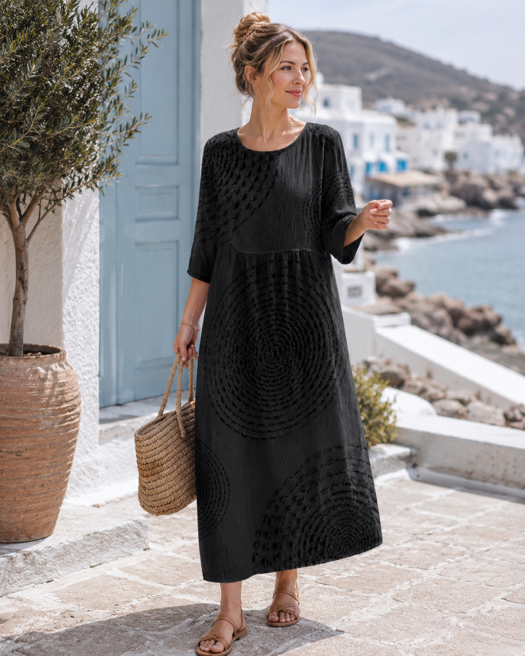 Komfortables einfarbiges Damenkleid, Midi-Länge, lockere Passform. Elegantes Freizeitkleid mit Rundhals & 3/4-Arm für alle Tage.