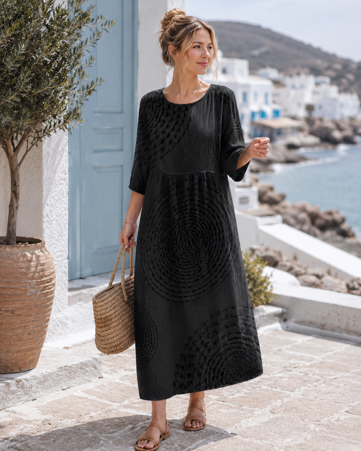 Komfortables einfarbiges Damenkleid, Midi-Länge, lockere Passform. Elegantes Freizeitkleid mit Rundhals & 3/4-Arm für alle Tage.