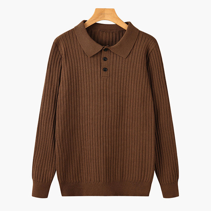 Business-Look: Herren-Langarm-Poloshirt mit Knopfleiste & Rippstruktur. Eleganter Strick für seriöse Auftritte.