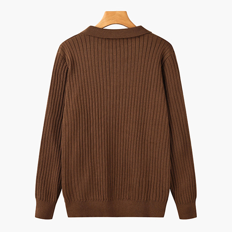Seitliche Ansicht des Herren-Langarm-Poloshirts. Moderner Schnitt, eleganter Strick und Knopfleiste.