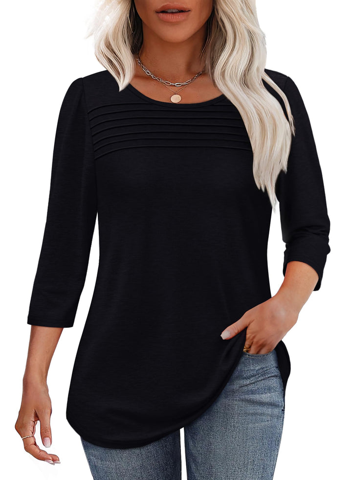 Feminines 3/4-Arm-Top für Damen, mit eleganter Plissierung und Rundhals, betont weibliche Silhouetten.