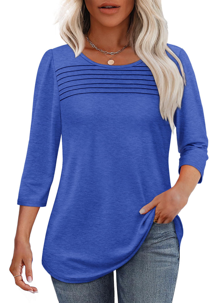 Plissiertes Damen-Oberteil mit 3/4-Arm und Rundhals, perfekt für einen eleganten Business-Casual-Look.