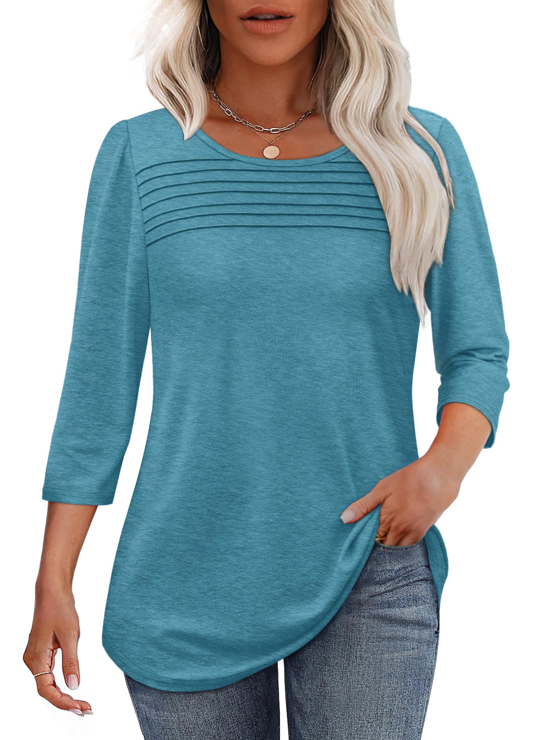 Schickes Damen Plissee-Top mit 3/4-Arm und Rundhals, verleiht jedem Outfit eine elegante Note.
