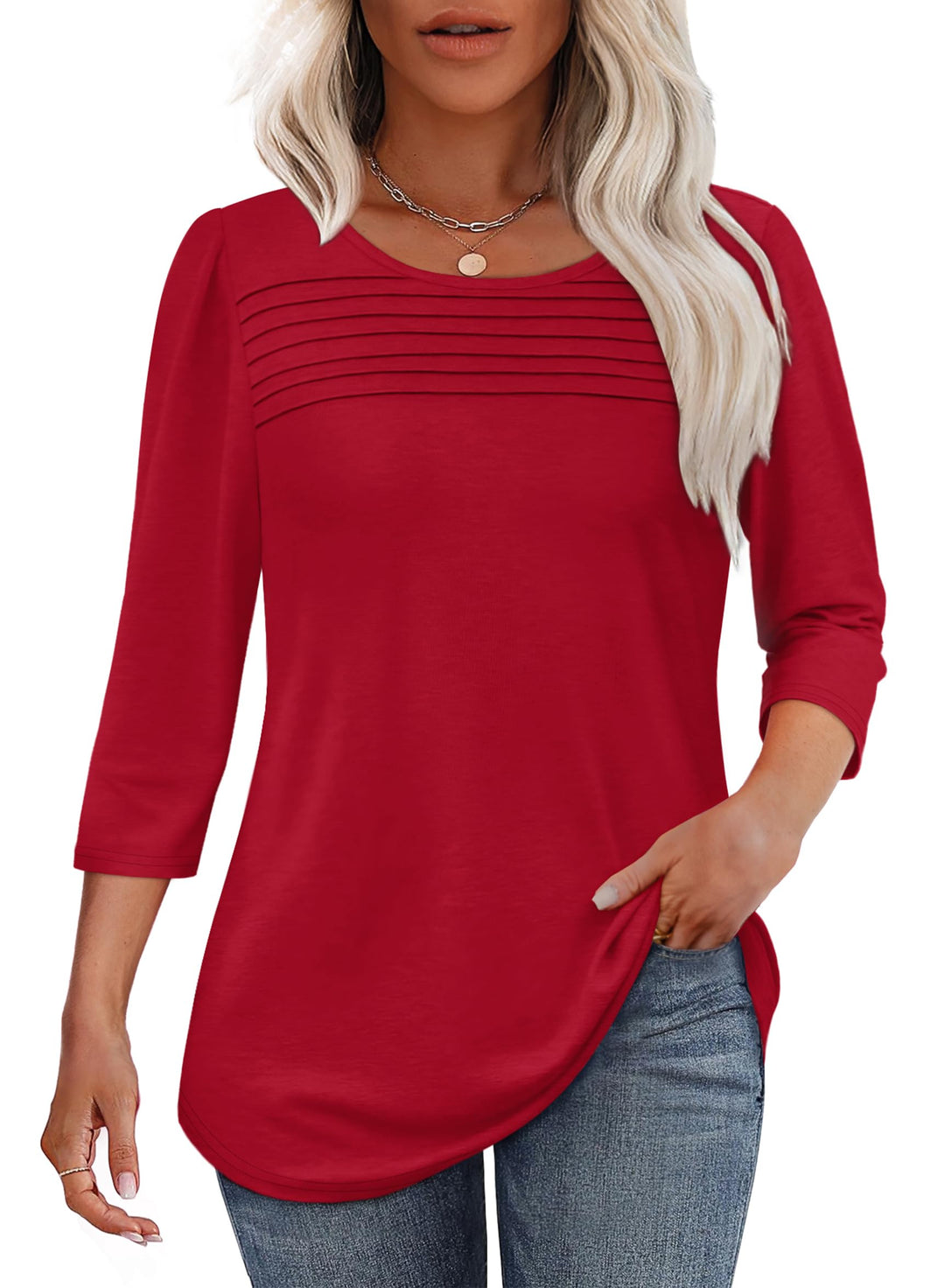Vielseitiges Damen Plissee-Top, 3/4-Arm, Rundhals, perfekt zum Layering oder solo tragen.