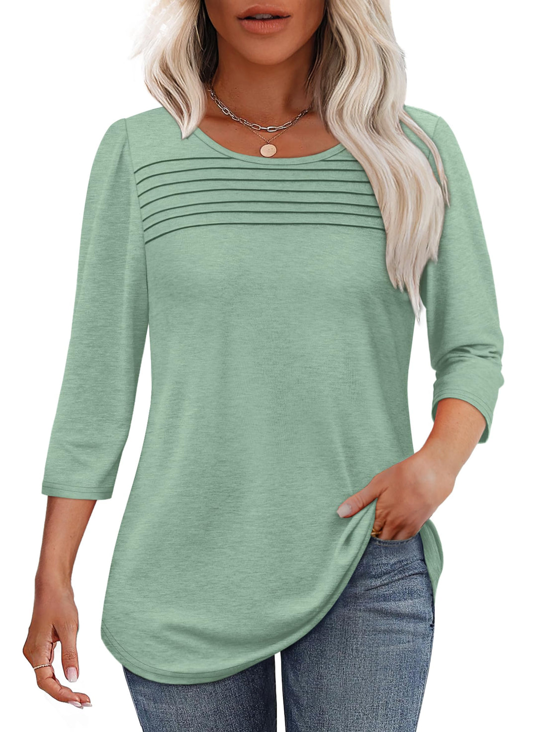 Modisches Damen Plissee-Top mit 3/4-Ärmeln und Rundhalsausschnitt, ein Must-have für Ihre Garderobe.