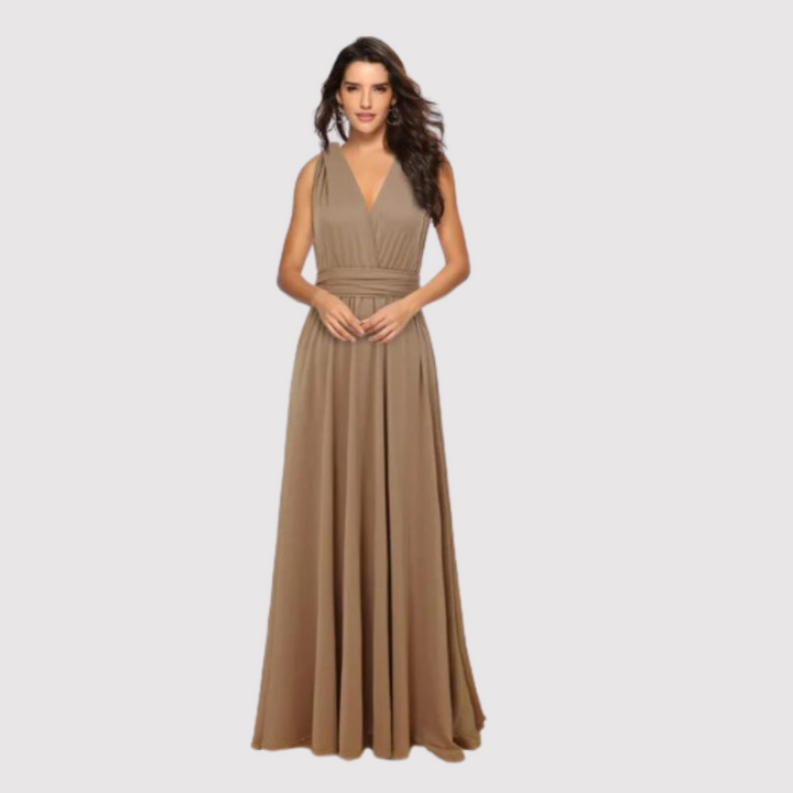Festliches Damenkleid, wandelbares Wickelkleid für Sommerfeste, langes Design mit variablen Trägern.